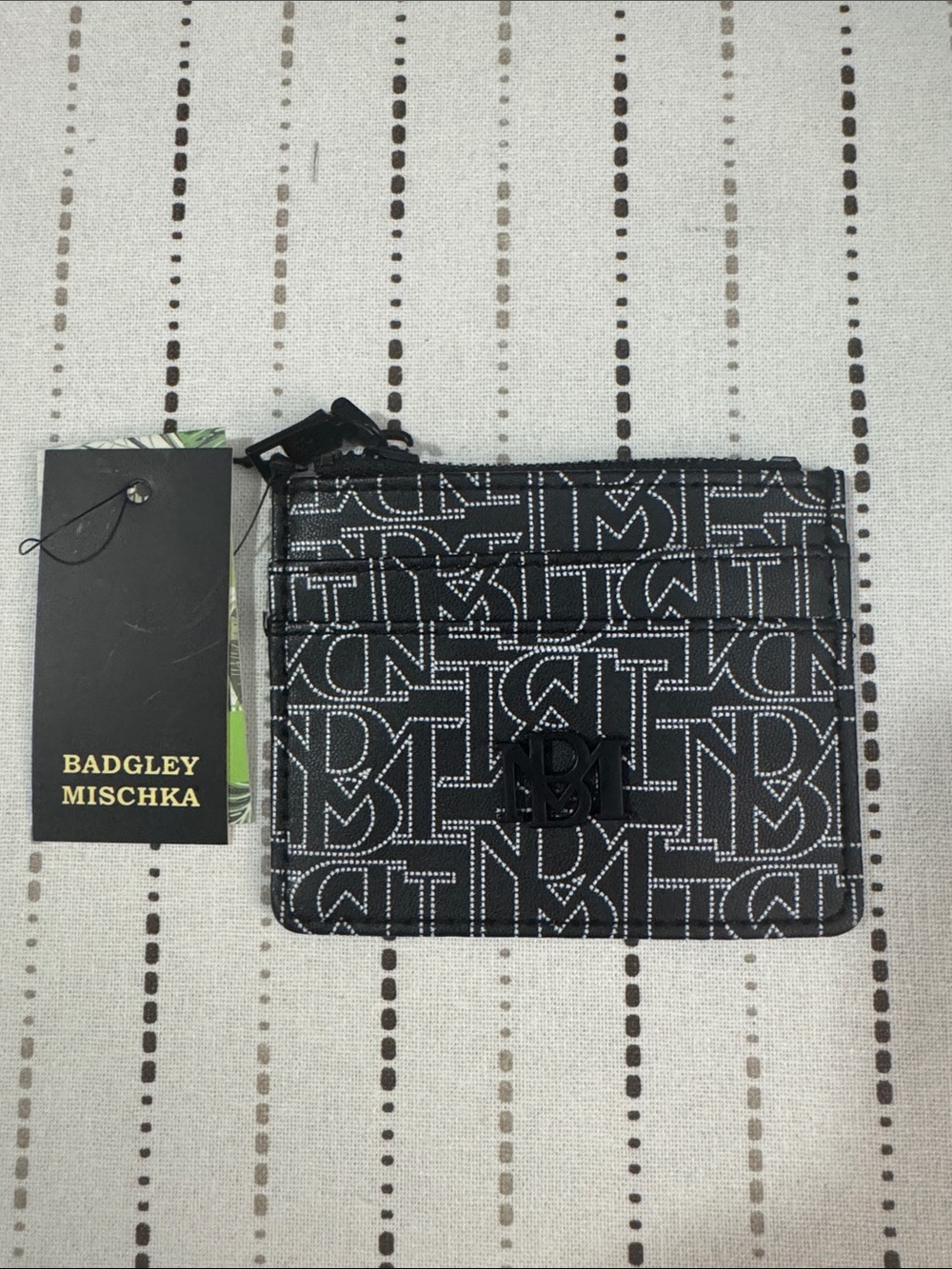 NWT Badgley Mischka White Monogram on Black Vegan Card & Cash Holder